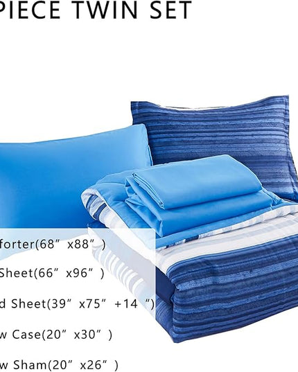 KAKIJUMN 5 Piece Bed in a Bag Stripe Comforter Set Twin Size, White and Blue Patchwork Striped Comforter and Sheet Set, All Season Soft Microfiber Complete Bedding Sets(Blue,Twin)