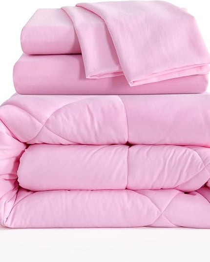 NTBAY Twin Comforter Set with Sheets, 5 Pieces Soft and Breathable Twin Bedding Set, Twin Bed in a Bag, Down Alternative Comforter Set Solid Color All Season, Kids Bedding Set, Pink