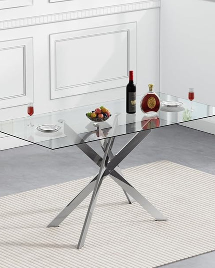 51" Rectangular Glass Dining Table Modern Kitchen Glass Top Table for 4 with Silver Metal Legs, Clear Dining Table Kitchen Table for Home Office Dining Room