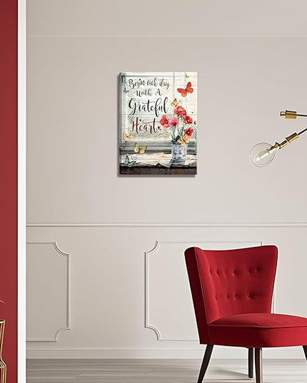 Red Flower Canvas Wall Art Retro Farmhouse Butterfly Poppy Painting Picture Wall Decor Modern Blossom Begin Each Day With a Grateful Heart Poster Print Artwork for Bathroom Bedroom Home Decoration