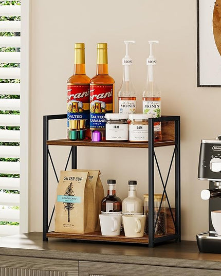 Giikin Kitchen Counter Shelf, Kitchen Countertop Organizer, 2 Tier Spice Rack for Counter, Wood Coffee Bar Organizer for Coffee Station (Brown, L)