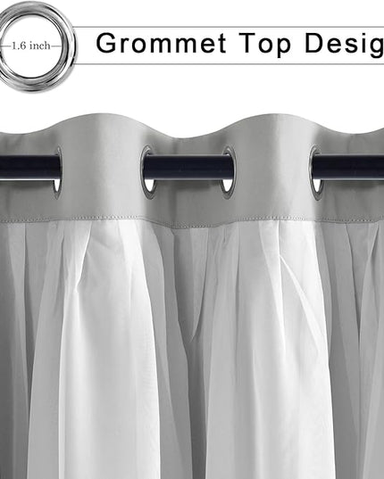 Hiasan Blackout Curtains with Sheer Overlay, Thermal Insulated Privacy Double Layer Mix & Match Window Curtains for Girls Bedroom, Living Room, 2 Drape Panels with Tiebacks, Silver Grey, 52W X 54L