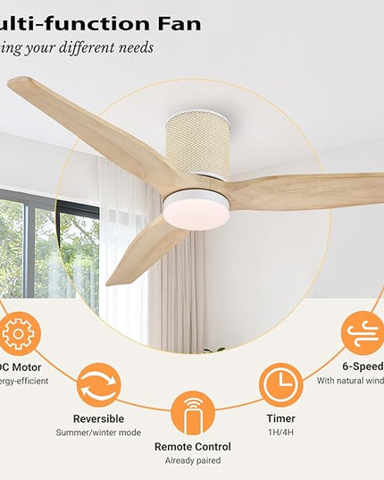 52" Ceiling Fan with Light - Low Profile Flush Mount Ceiling Fan, 6-Speed Remote Control, Solid Wood, Quiet Reversible DC Motor, Boho Style, for Bedroom, Living Room, Porch, Light Oak/White