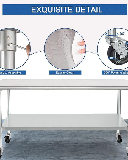 HARDURA Stainless Steel Table with Wheels 30 x 72 Inches Casters NSF Heavy Duty Commercial Prep Table with Undershelf and Galvanized Legs for Food Prep