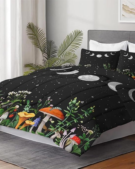 Queen Size Comforter Set with 2 Pillowcases, Mushroom Plant Floral 3 Pcs Bedding for Kids and Adults, Flower Summer Moon Night Soft Comforter Set for Bedroom Bed Decor