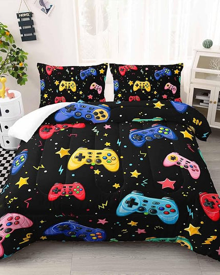 AILONEN Gamepad Comforter Set Twin Size,Cartoon Gaming Video Game Bedding Sets for Kids Teens Boys,Cute Graffiti Duvet Set,3-Piece, 1 Quilt and 2 Pillowcases,Soft Microfiber