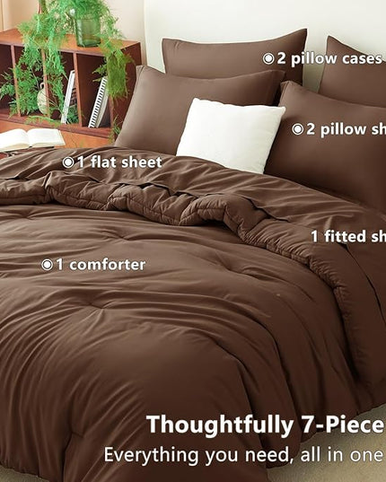 CozyLux Queen Comforter Set Brown, 7 Pieces Bed in a Bag Queen Size Comforter Set with Sheets, Bedding Sets with Down Alternative Comforter, Fitted Sheets, Flat Sheets, Pillow Shams and Pillowcases