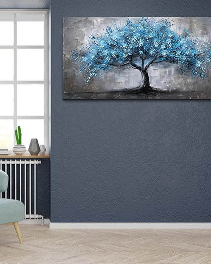 FUHAIHUA Canvas Wall Decor For Bedroom Large Wall Art For Living Room Office Decortions Black And White Paintings Blue Trees Wall Pictures Framed Mural Aesthetic Home Decor Posters Artwork 24x48 In