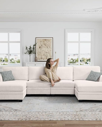 Legend Vansen Oversized Modular Sectional Sofa,6 Seat U Shaped Couch with Ottoman,Corduroy Sofa with Deep Seat,Convertible Large Sectional Couches for Living Room(Cream, U-6)