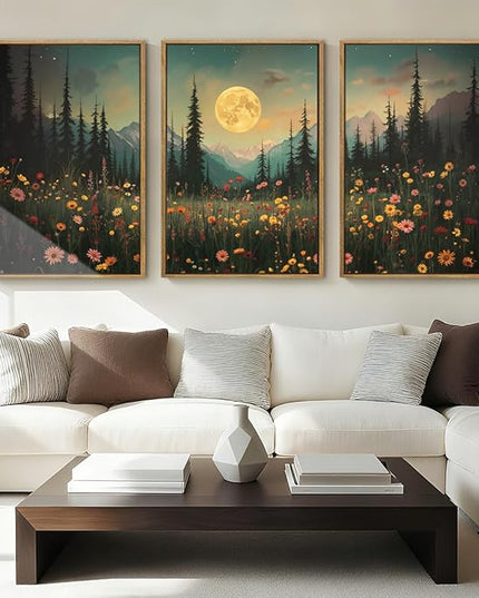ANHUIB Large Wildflower Wall Art Mountain Floral Wall Decor Pine Tree Paintings Set of 3 for Living Room Bedroom Dining Room 16x24 Inch