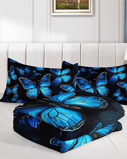 Dream Blue Butterfly Comforter Set Queen Size,Boho Bedding Comforter Sets for Kids Boys Girls Bedroom Decor Aesthetic,Animal Themed Bedding Soft Fluffy Comforter Sets with 2 Pillowcases.