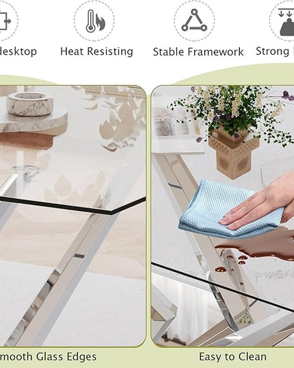 63'' Glass Dining Table for 4 or 6, 0.39" Tempered Glass Tabletop and Silver Stainless Steel Base, Large Dining Room Table for 6, Home Kitchen Table for Dining Room, Modern Dining Table for 6