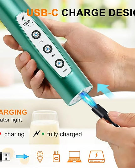 YUSWKO Green Handheld Milk Frother Wand for Coffee, Rechargeable Electric Whisk with 3 Heads 3 Speeds Drink Mixer Coffee Frother For Latte, Cappuccino, Hot Chocolate, Egg