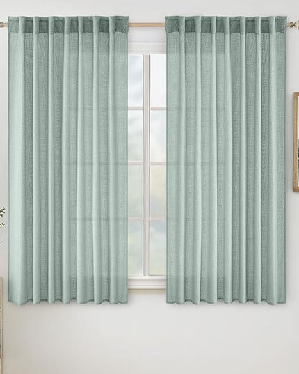 MIULEE Aqua Blue Linen Curtains 54 Inch Length 2 Panels for Bedroom Living Room, Soft Thick Linen Textured Natural Short Window Drapes Semi Sheer Light Filtering Back Tab Rod Pocket Burlap Look Decor