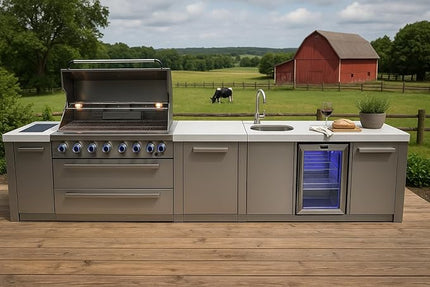 Mont Alpi MAi805-BEVXL 6-Burner 115000 BTU Original Stainless Steel Island Outdoor Kitchen Gas BBQ Grill + Beverage Center Faucet & Sink + Granite Countertops + 25" Right Extra Storage Cabinet