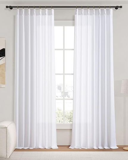 Pinch Pleated 86 Inches White Curtains Linen, Memory Trained Shaped Pleat Drapes for Bedroom and Living Room Light Filtering Privacy Window Treatments Long Curtain 2 Panels 7-1/2 FT