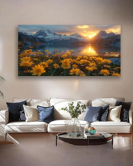 LKY ART Mountain Lake Sunset Wall Art Snow-Capped Peaks with Yellow Wildflowers Picture Wall Decor for Living Room Nature Landscape Canvas Prints Poster Artwork Home Decoration