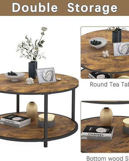 NSdirect Round Coffee Table, 25.6" Small Coffee Table for Living Room,2-Tier Rustic Wood Desktop with Storage Shelf Modern Design Home Furniture(Brown)