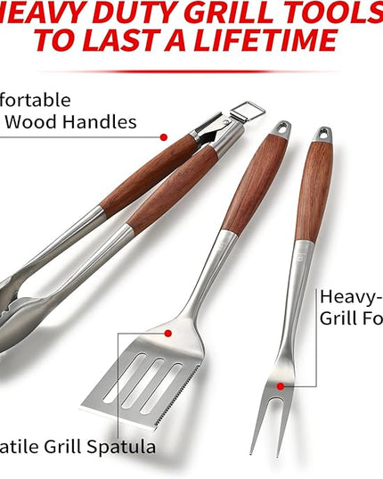 Heavy-Duty Rose Wooden BBQ Grilling Tools Set. Extra Thick Stainless Steel Multi-Function Spatula, Fork & Tongs | Essential Accessories for Barbecue & Grill. Ideal Gift for Father…