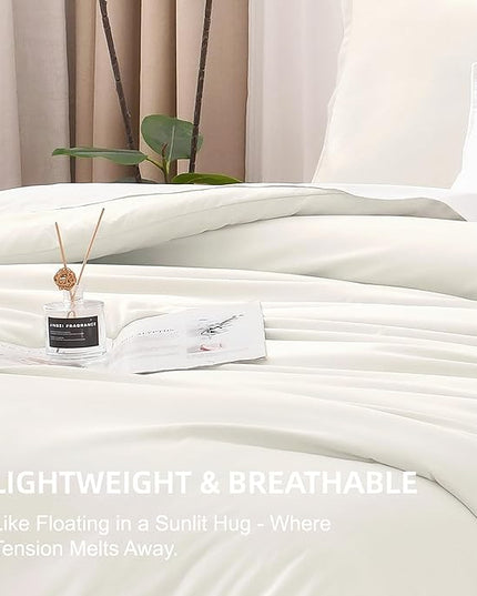 Litanika Comforters Ivory Oversized Queen Size, 3 Pieces Lightweight Solid Bedding Comforter Set, All Season Fluffy Bed Set (98x98In Comforter & 2 Pillowcases)