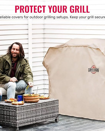 Grillman Grill Cover, BBQ Outdoor Grill Covers, Charcoal, Gas Grills, Waterproof, Rip-Proof, Weather-Resistant, Anti-UV, Barbecue Cover for Weber, Genesis, Charbroil, Nexgrill, etc (Tan, 58 Inch)