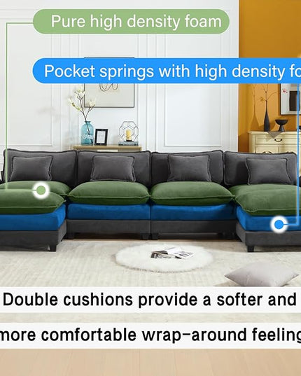 154" Modular Sectional Sofa, Comfy Cloud Couch Sectional Sofa with Ottoman, Velvet Sofa Sleeper Deep Seat Sofa with Throw Pillows for Living Room (Blue Gray, 154"- U Shape)