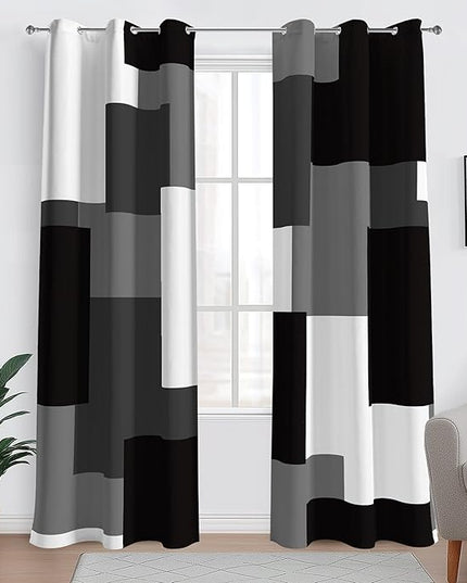 Black Grey 100% Blackout Curtains for Bedroom 96 inch Length 2 Panels Set White Grey Modern Abstract Geometric Black Out Curtains Insulated Room Darkening Window Drapes for Living Room, 42Wx96L