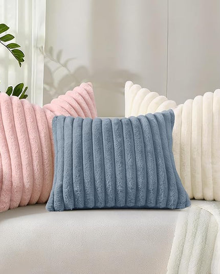 decorUhome Faux Fur Spring Throw Pillow Covers 16x16 Set of 2, Decorative Soft Plush Striped Neutral Couch Euro Pillow Covers with Velvet Back for Sofa, Bed, Living Room Home Decor, Grey Blue
