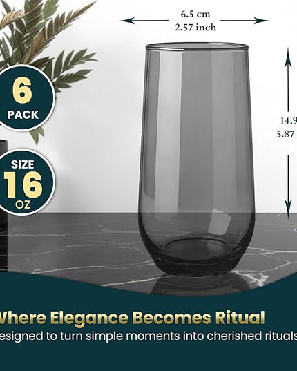 Gray Drinking Glasses Set of 6 | 16 oz Smoked Gray Glass Cups | Highball Drinkware for Cocktails, Long Drink, Water, Mojito, Juice, Soda