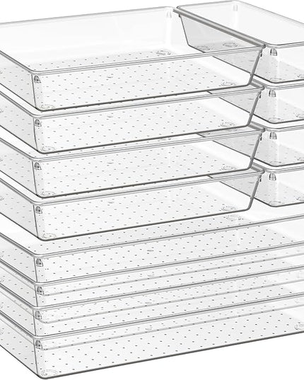 Criusia 12 Pack Large Clear Plastic Drawer Organizer Trays | MULTI-USE Acrylic Drawer Storage for Kitchen, Bathroom, Makeup, Office, School, Undies | College Dorm Room, Home Apartment Essentials