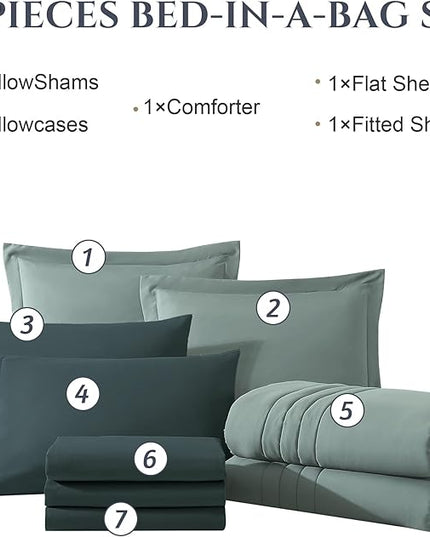 Monbix Queen Comforter Set - 7 Pieces Sage Green Bed in a Bag Queen Bedding Sets with Comforters, All Seasons Comforter Bed Set with Sheets,Pillowcases & Shams
