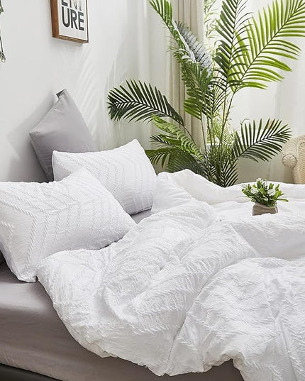 Houseri California King Comforter Set White Boho Tufted Jacquard Bedding Sets Cal King Women Solid White Shabby Chic Comforters Men Modern Soft Comfy Plain White Farmhouse Tassels Bed Quilt King Plus