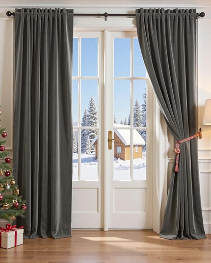 Lazzzy Velvet Blackout Curtains Thermal Insulated Room Window Drapes Super Soft Luxury Curtains for Living Room Bedroom Rod Pocket 2 Panels, Grey, 52" W x 96" L