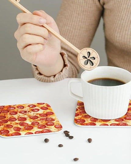 Marble Coasters Square Leather Drinks Coaster Set with Holder for Coffee Table Bar Home Decor 4 Inches Set of 6 (Pizza, One Size)