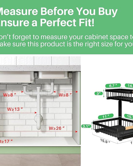 Pull out Cabinet Organizer, 2 Tier Under Sink Organizer, Slide out Metal Kitchen Cabinet Organizers Drawer Shelf, Sliding Storage Shelves for Kitchen Bathroom Pantry Cabinet Closet Organization Rack