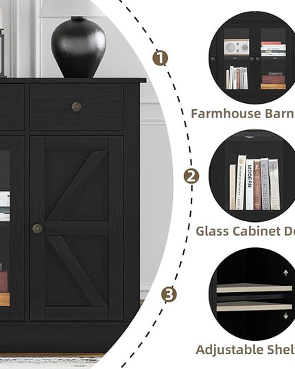 4 EVER WINNER 55" Coffee Bar with 4 Glass Doors and 3 Drawers, Sideboard Buffet Cabinet with Storage, Farmhouse Coffee Bar Cabinet with Adjustable Shelves for Kitchen, Dining Room, Black
