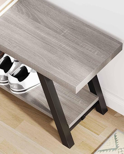 LVB Industrial Entryway Bench, Wood and Metal Storage Bench, Indoor Farmhouse Hallway Accent Entry Bench for Seating Sitting, Shoe Rack Organizer Cabinet in Foyer Bedroom, Light Grey Oak, 47 Inch Long