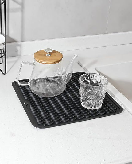 Silicone Dish Drying Mat for Multiple Usage,Easy clean,Eco-friendly,Heat-resistant Silicone Mat for Kitchen Counter or Sink,Refrigerator or Drawer liner Black M 12 inches x 12 inches