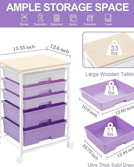 Utility Cart with 5 Drawers,Storage Drawer Cart with Wooden Tabletop and Lockable Wheels,Craft Storage Trolley Cart,5-Tier Rolling Utility Cart on Wheels,Purple