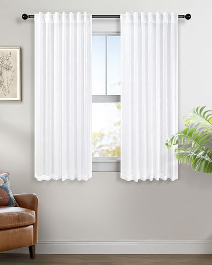 Pitalk Solid White Curtains 54 Inch Length for Bathroom 2 Panels Set Rod Pocket Back Tab Linen Organic Look Light Filtering Semi Sheer Energy Efficient Curtains for Boys Nursery Childrens Room 52x54