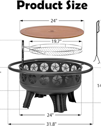 32 Inch Fire Pit with Swivel Cooking Grate,3-in-1 Wood Burning Firepit with Grill,Outdoor Fire Pits Table with Metal Lid and Poker for Outside Patio Backyard BBQ Bonfire Camping (32 Inch)