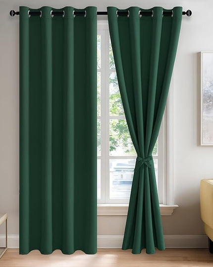 JIUZHEN Forest Green Blackout Curtains with Tiebacks, Light Blocking and Noise Reducing Grommet Curtains for Bedroom and Living Room, Set of 2 Window Curtain Panels, 52 x 84 Inch Length