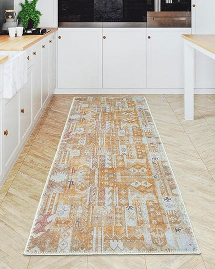 GLN Rugs Bohemian Collection - Machine Washable Area Rug, Bohemian Vintage, Non Slip, Low Pile Chenille Rug, Living Room, Bedroom, Bathroom Rug (2'6"x7' Yellow)