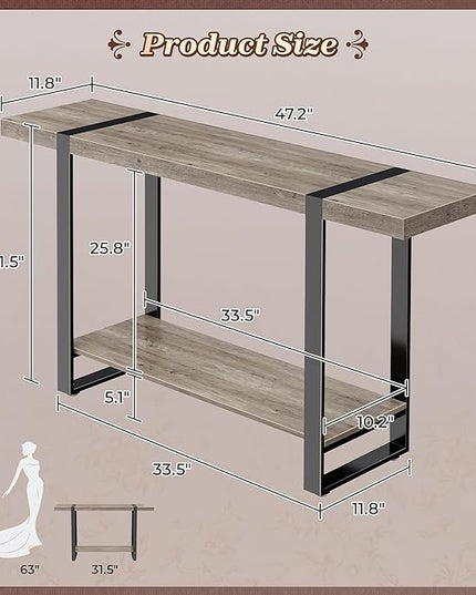 Huuger 47.2 Inch Entryway Table, 2-Tier Industrial Console Sofa Table with Storage, Accent Table, for Entry, Hallway, Entrance, Foyer, T-Shaped Metal Frame, Grey