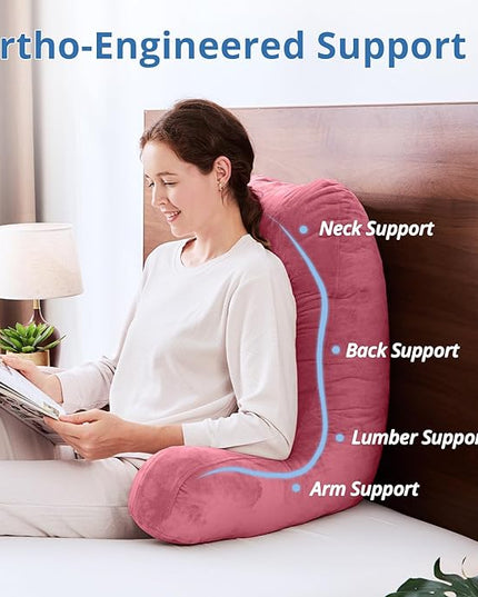Sasttie 25-inch Reading Pillows for Sitting in Bed Adult, Jumbo Velvet Back Pillow Bed Sitting Up, XL High Back-Rest Support Cushion for Sit Up on Couch & Floor, Oeko-Tex Certified, Rose Pink