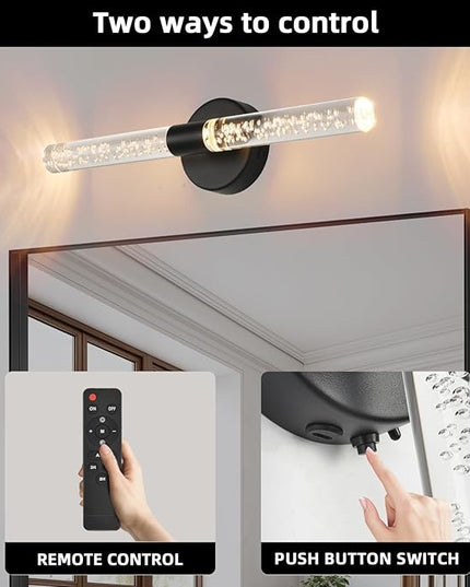Battery Operated Wall Sconces Set of 2, Black 20'' Rechargeable Crystal Bubble Wall Sconce with Remote Control, 3000K-6000K Dimmable LED Wireless Wall Lights for Living Room Bedroom Bathroom Hallway
