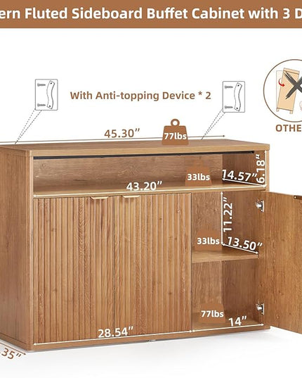 LEYAOYAO Fluted Buffet Cabinet with Storage, 45" Wide Modern Sideboard Credenza with 3 Doors & Open Storage Shelf, Wood Kitchen Console Accent Cabinets, Coffee Bar Table for Dining Room, Tea Brown