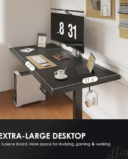 OffiGo Electric Standing Desk with 3-Piece Board, 71 Inch Height Adjustable Large Desk with Power Outlets, Sit Stand Table, Writing Computer Desk for Home, Office, Workstation, Black