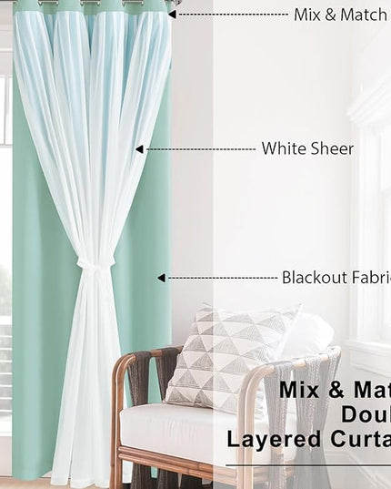 Hiasan Aqua Blackout Curtains with Sheer 84 Inches Long, Thermal Insulated Mix Match Double Layer Room Darkening Curtains for Bedroom, Living Room, 2 Window Drape Panels with Tiebacks, 52W X 84L