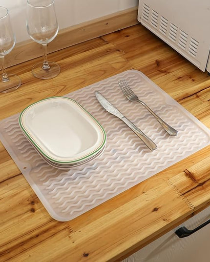 Silicone Dish Drying Mat for Multiple Usage,Easy clean,Eco-friendly,Heat-resistant Silicone Mat for Kitchen Counter or Sink,Refrigerator or drawer liner Translucent L 16 inches x 12 inches